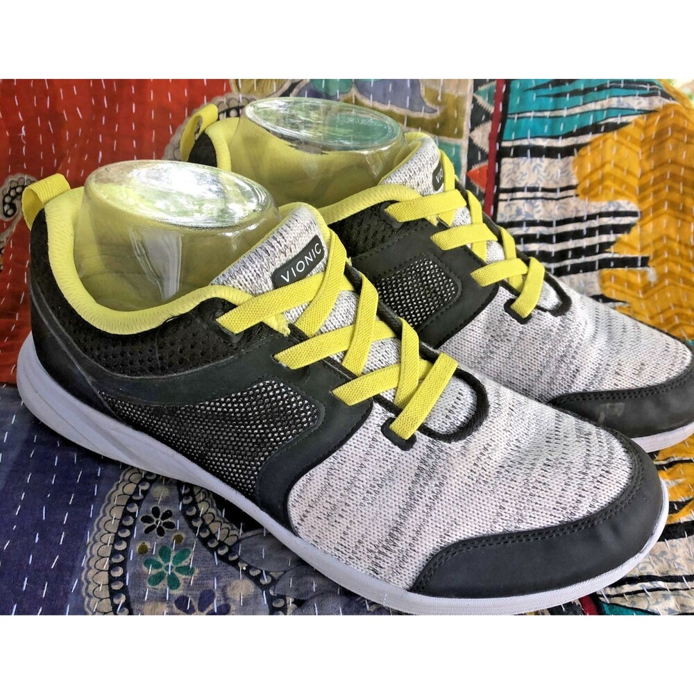 Vionic Malta Knit Slip-On Gored Lace Sneakers Women's 8.5 WIDE Black/Gray/Yellow